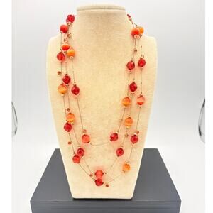 Long Red Orange Beaded Station Necklace, 58” Rope Length, Early 2000s Layering